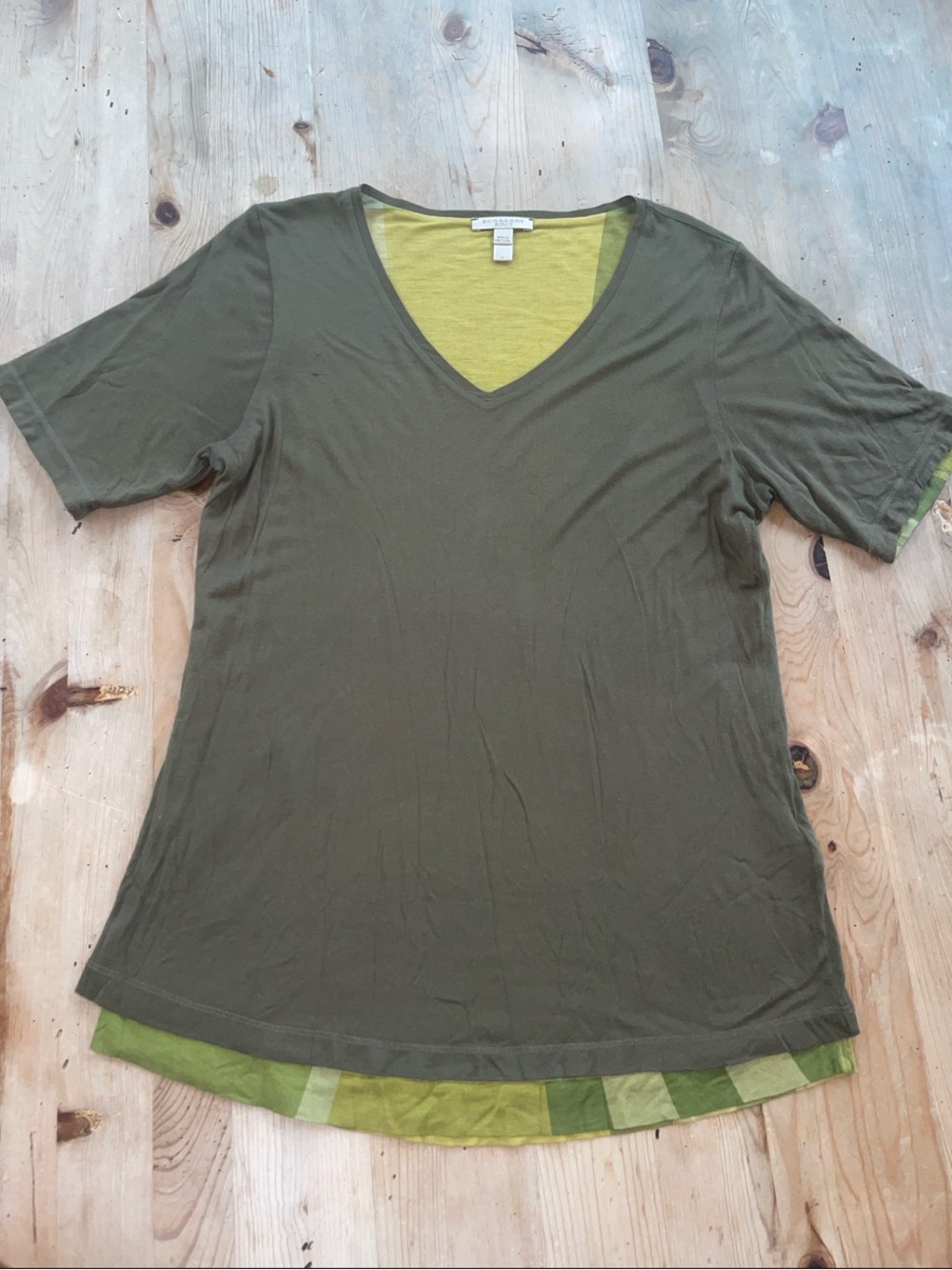 Burberry Luxury Olive Green Layered V-Neck Designer Shortsleeve Top- Medium